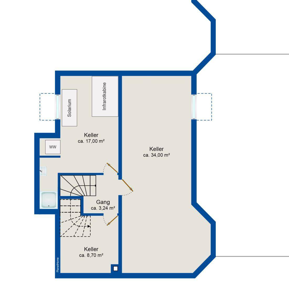 Grundriss des Kellergeschosses mit mehreren Kellerräumen, Solarium und Infrarotkabine.