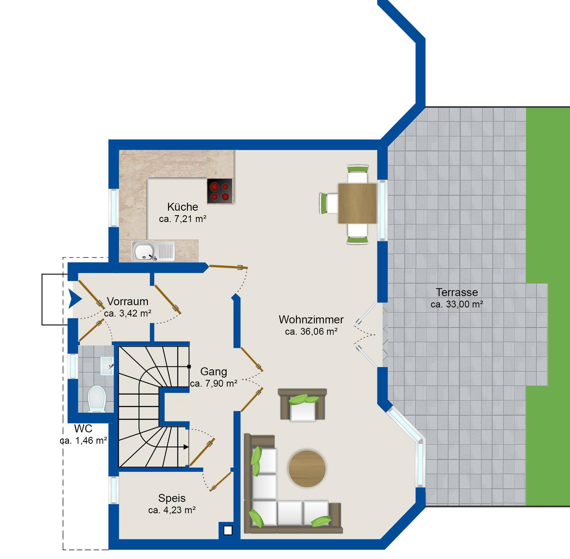 Grundriss des Erdgeschosses mit Küche, Wohnzimmer, Vorraum, WC und großer Terrasse.