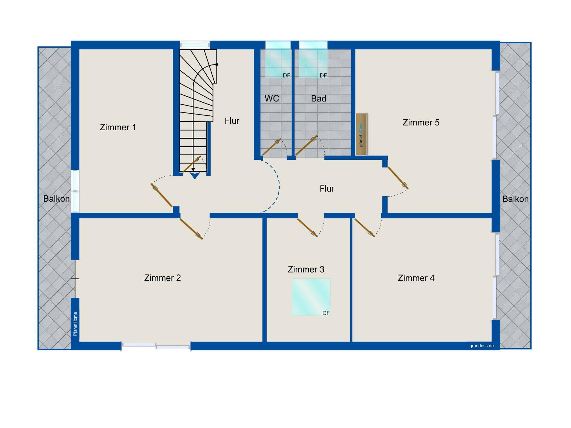 Grundrissplan einer Wohnung mit fünf Zimmern, Bad, separatem WC und zwei Balkonen.