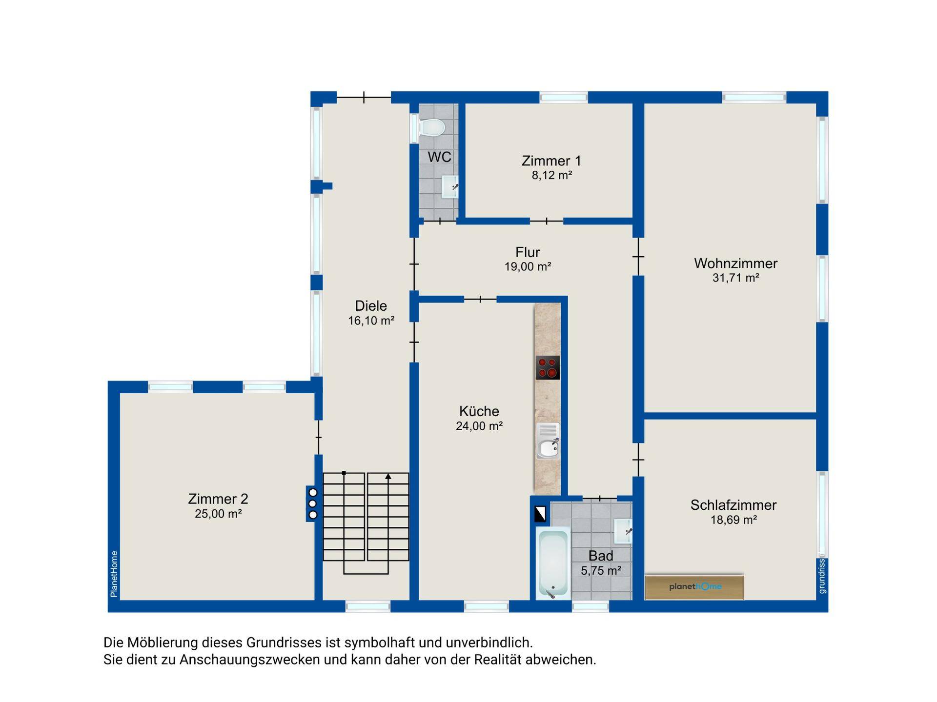 Grundriss des Erdgeschosses mit Wohnzimmer, Schlafzimmer, Küche und Bad, inklusive Flächenangaben.