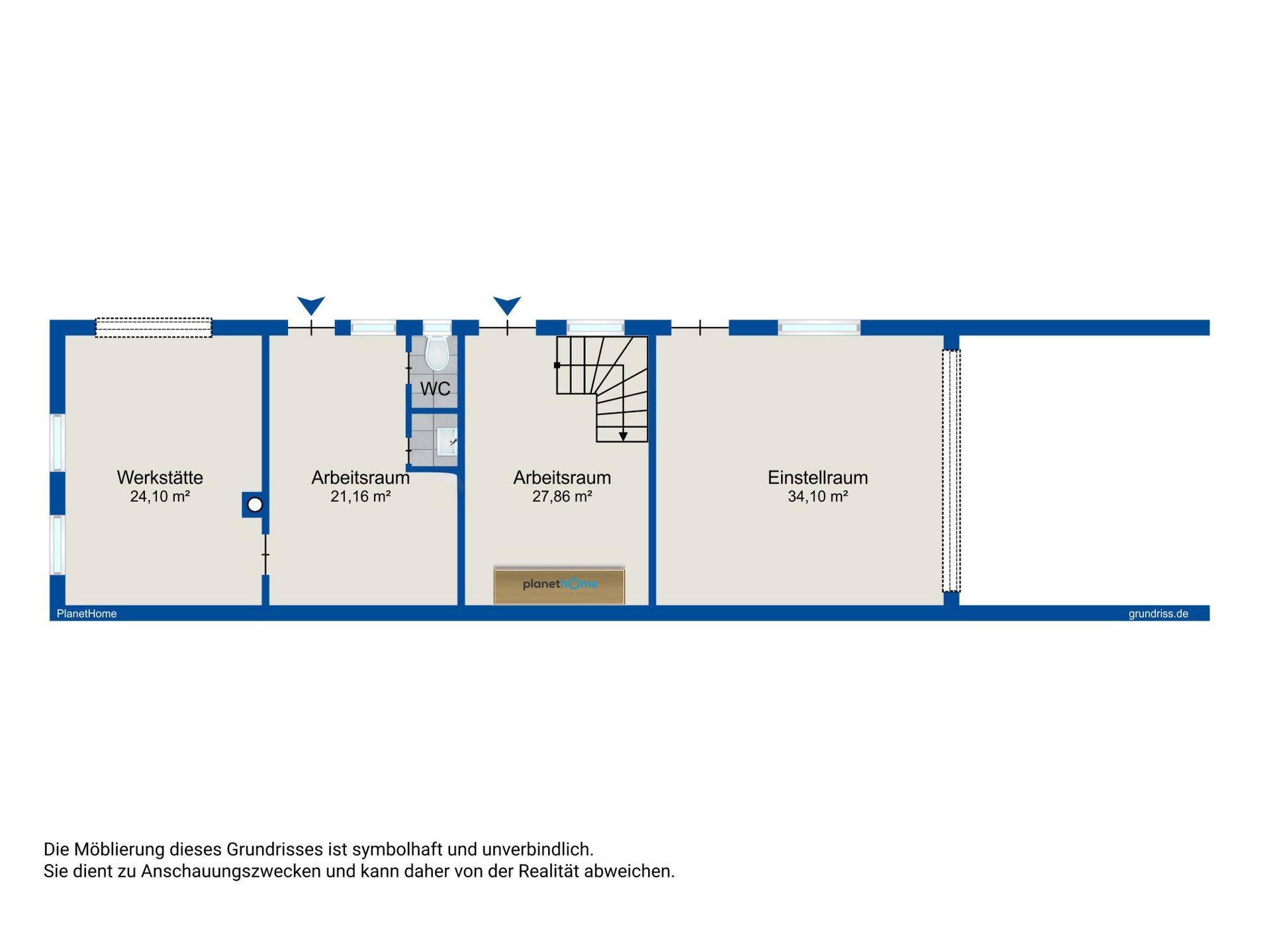 Grundriss des Untergeschosses mit Werkstatt, Arbeitsräumen und Einstellraum, inklusive Flächenangaben.