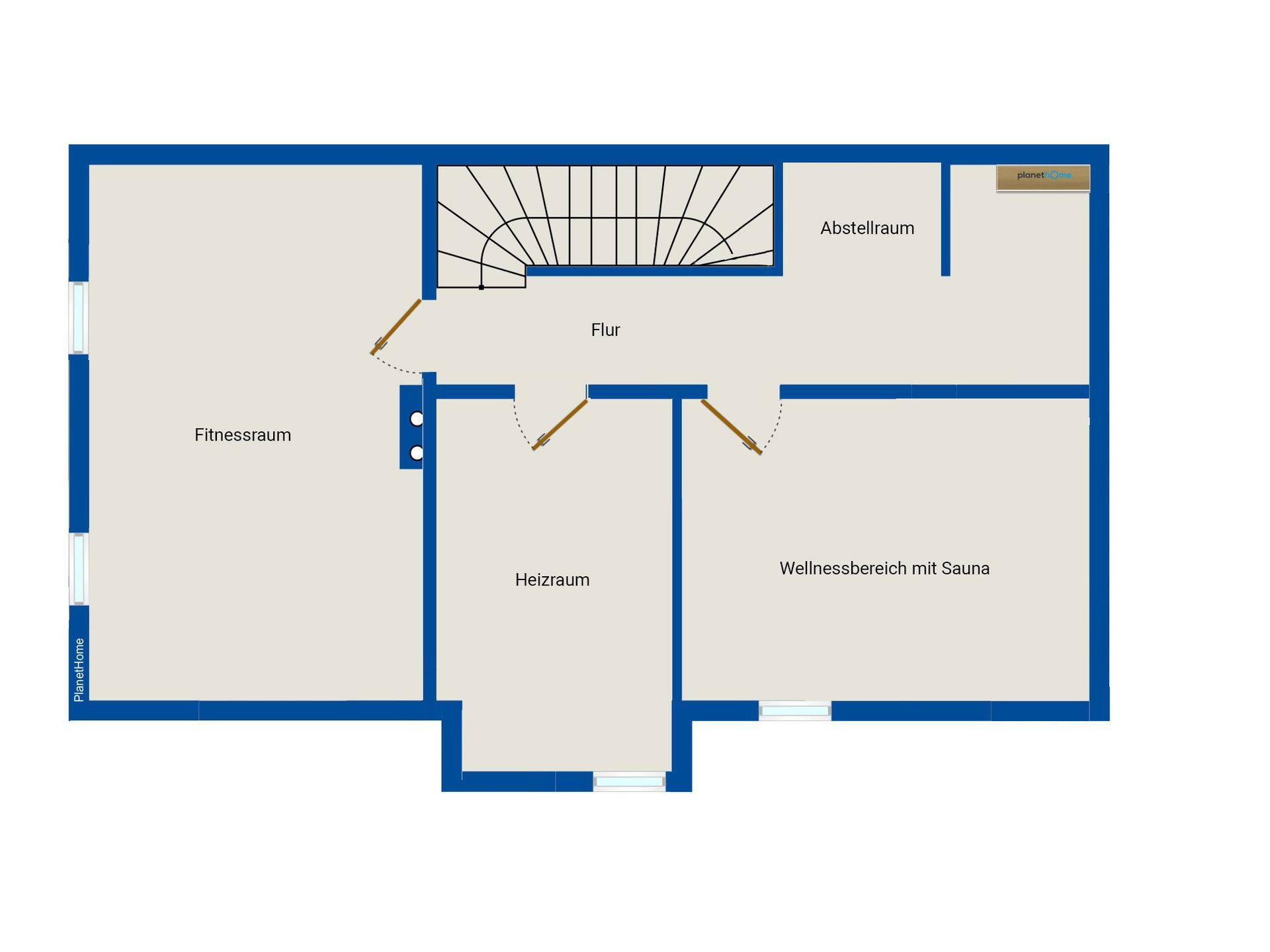 Grundriss des Untergeschosses mit Fitnessraum, Heizraum, Abstellraum und Wellnessbereich mit Sauna.