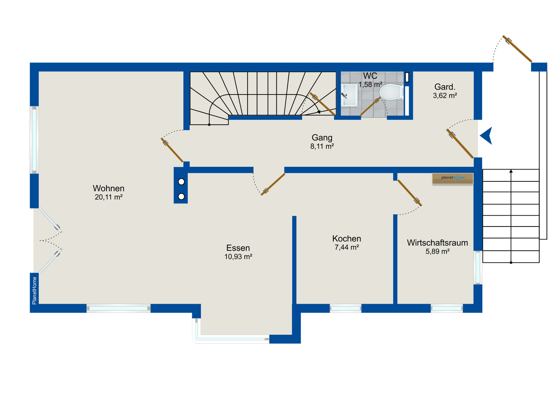 Grundriss des Erdgeschosses mit Wohn-, Ess- und Kochbereich sowie WC und Garderobe.