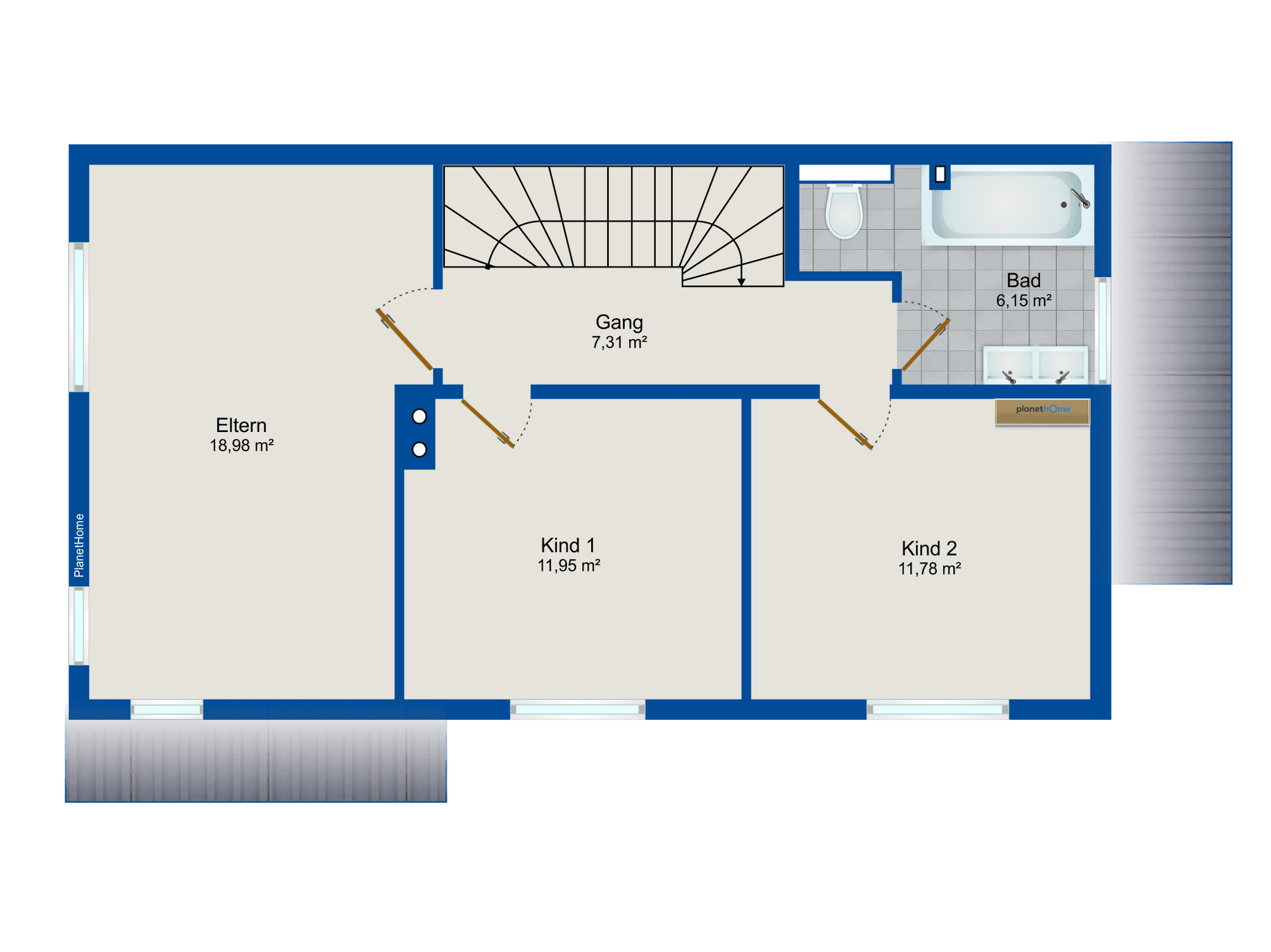 Grundriss des Obergeschosses mit Hauptschlafzimmer, zwei Kinderzimmern, Flur und Badezimmer mit Badewanne.
