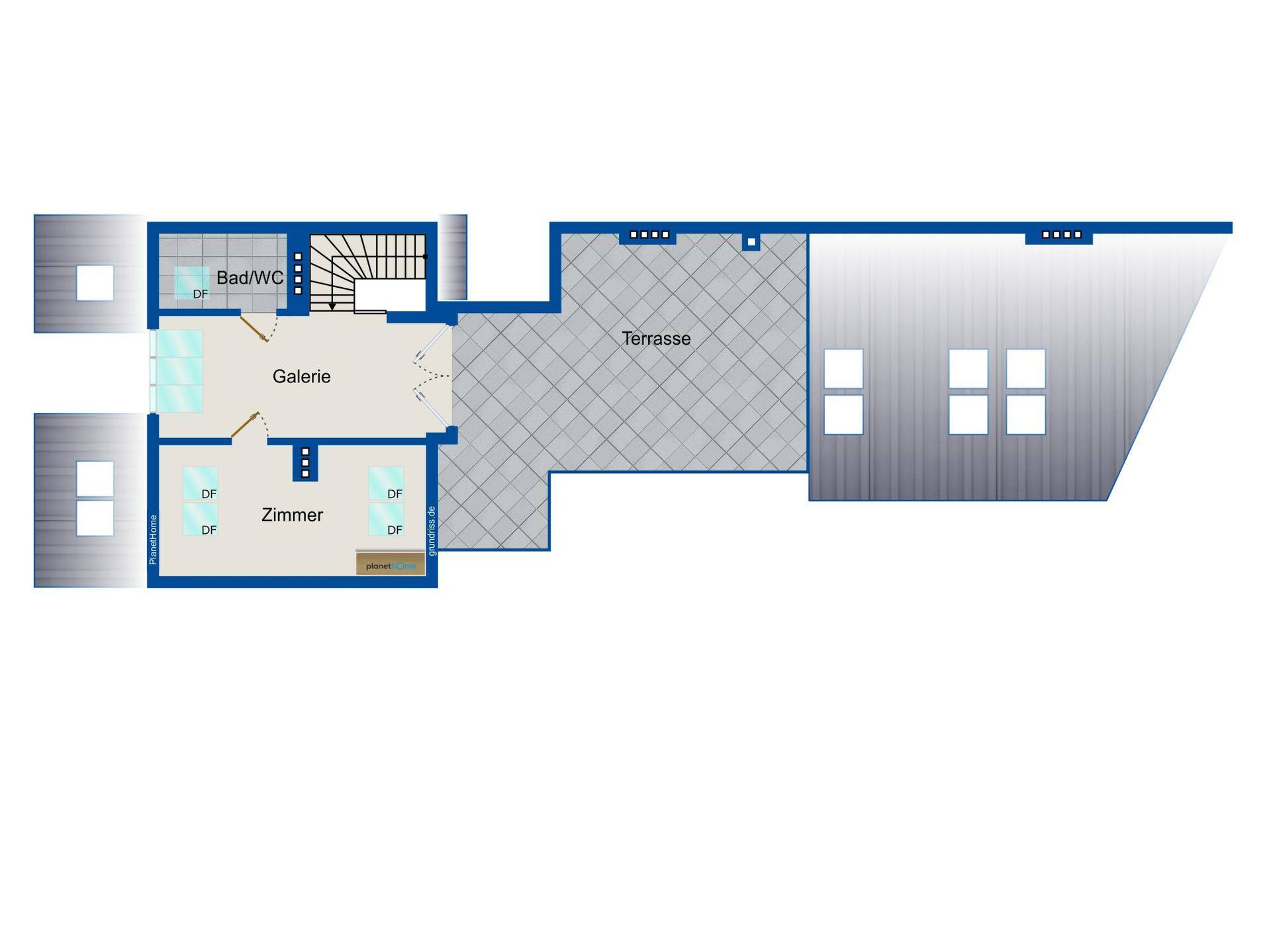 Grundriss der oberen Ebene mit Galerie, einem Schlafzimmer, Bad/WC und einer großzügigen Terrasse.
