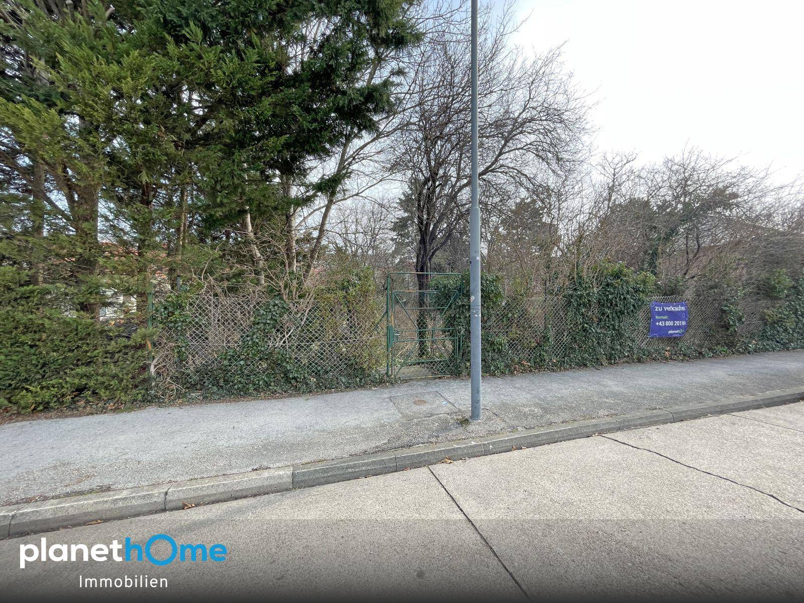 Grundstücksgrenze von der Straße aus mit Zaun und einem 'Zu verkaufen'-Schild.