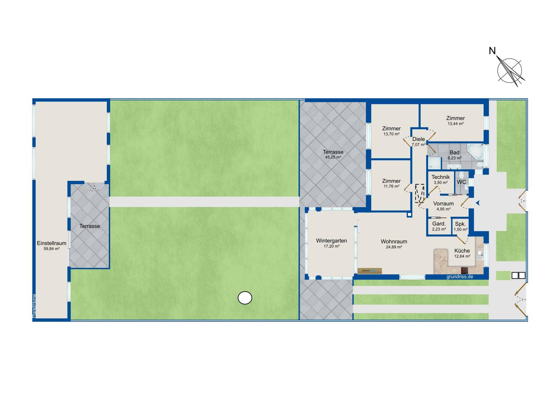 Grundriss des Erdgeschosses mit Wohnbereich, Küche, Zimmern und Terrassen.