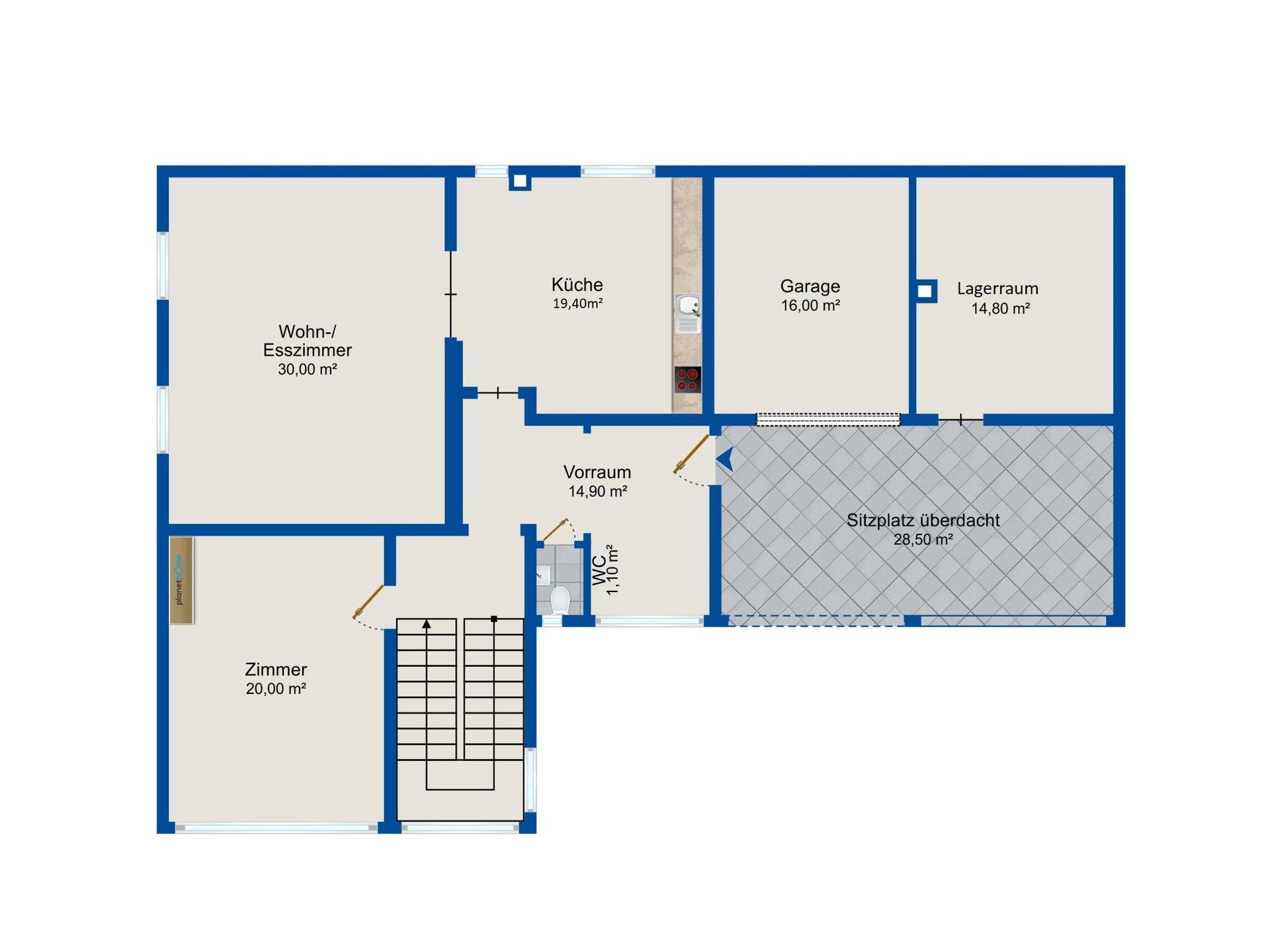 Grundriss des Erdgeschosses mit Wohn-/Esszimmer, Küche und Garage.