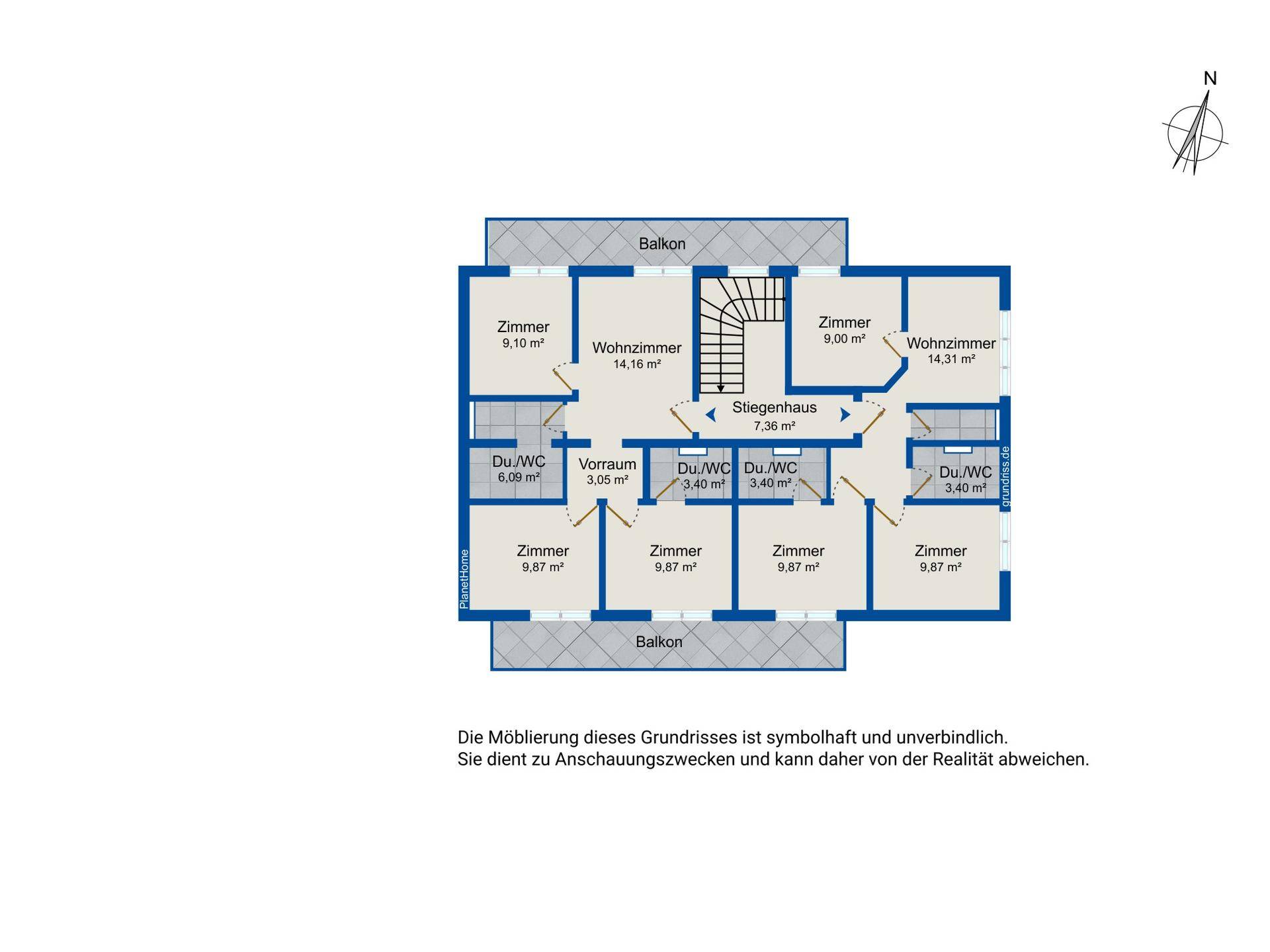 Detaillierter Grundrissplan mit mehreren Zimmern, Bädern, Treppenhaus und zwei Balkonen.