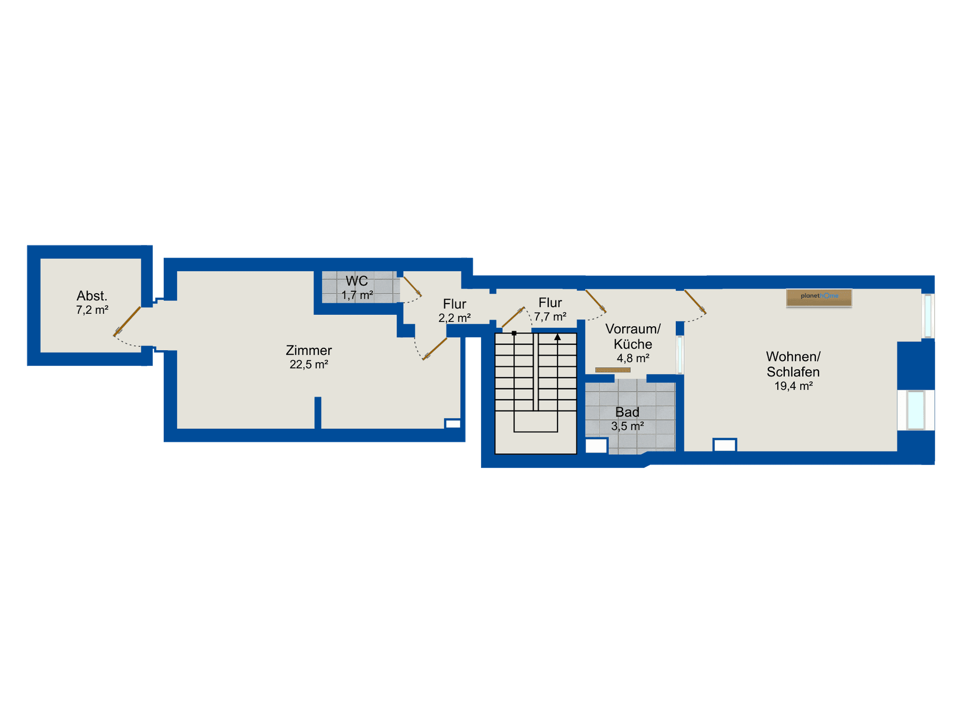 Grundriss einer Etage mit Zimmer, WC, Flur, Bad und Wohn-/Schlafbereich.