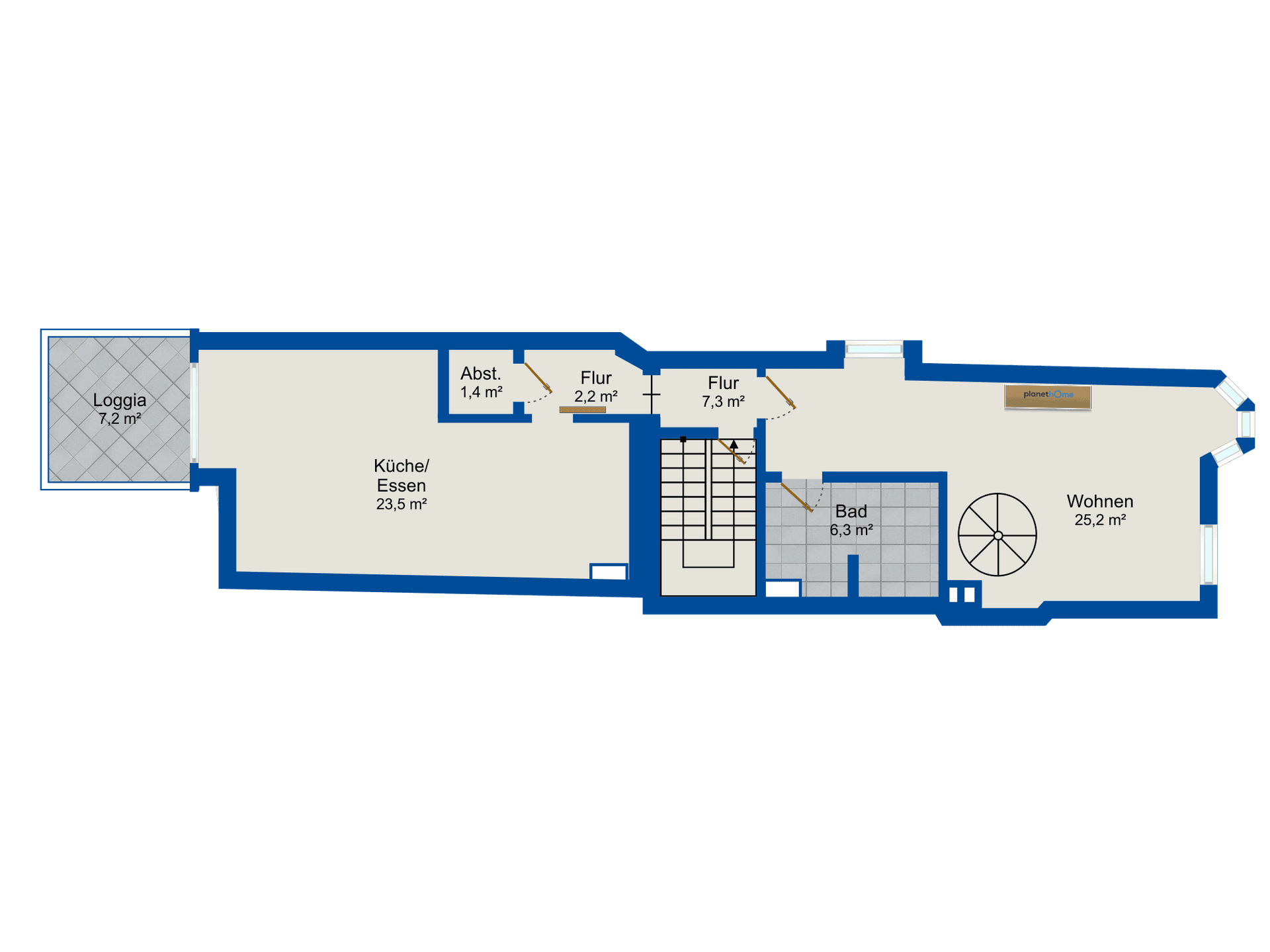 Grundriss einer Etage mit Loggia, offener Küche/Essbereich, Bad und Wohnzimmer.