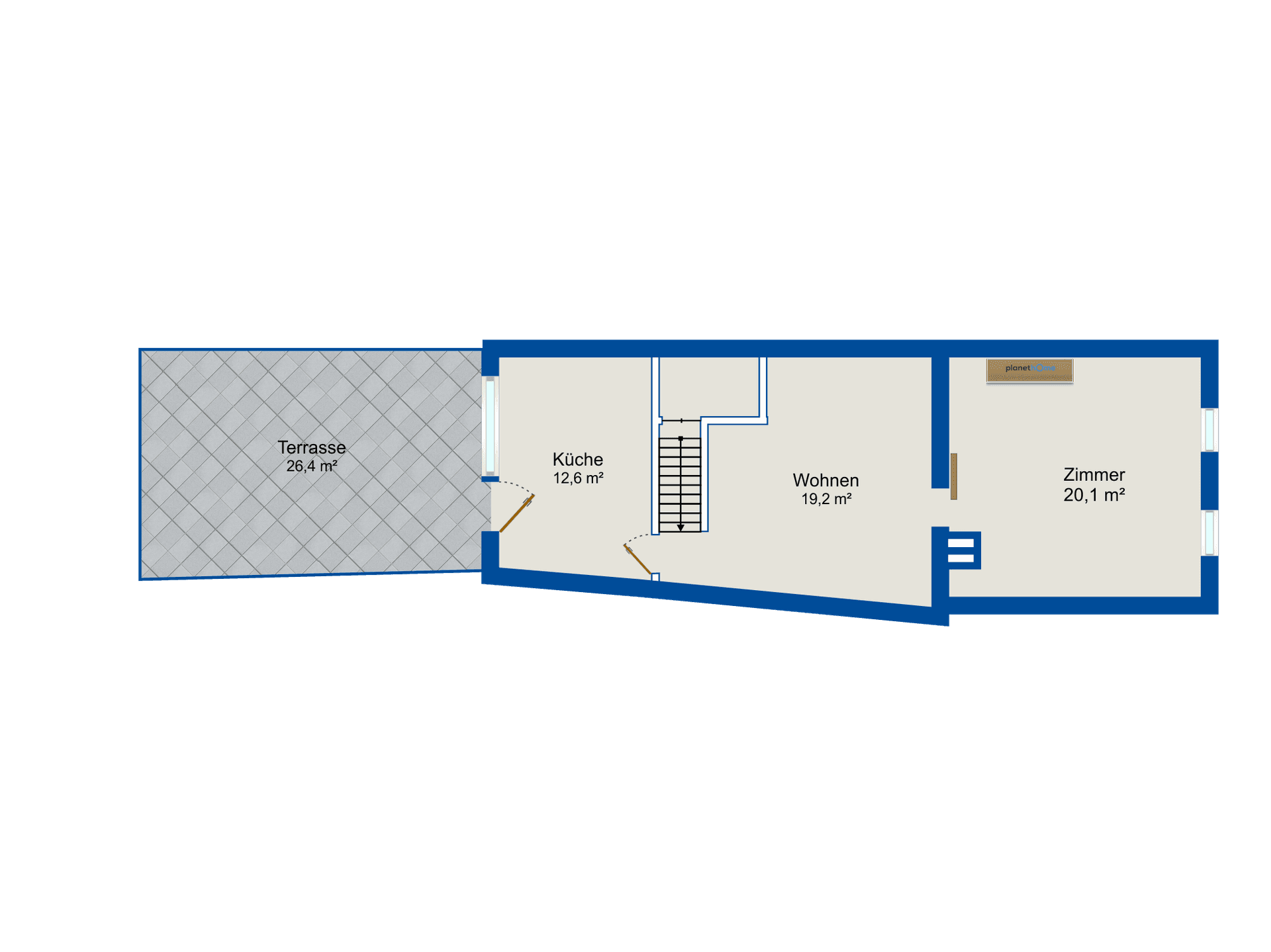 Grundriss einer Etage mit großer Terrasse, Küche, Wohnzimmer und einem weiteren Zimmer.