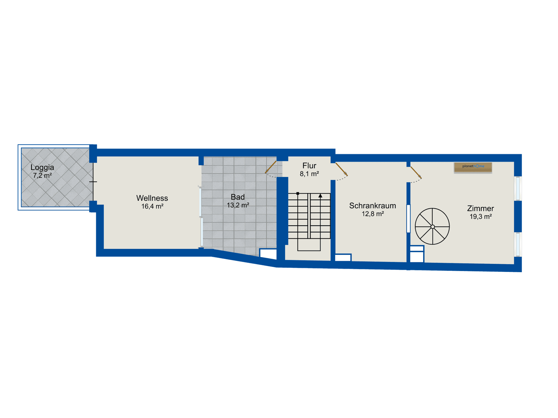 Grundriss einer Etage mit Loggia, Wellnessbereich, Bad, Schrankraum und Zimmer.
