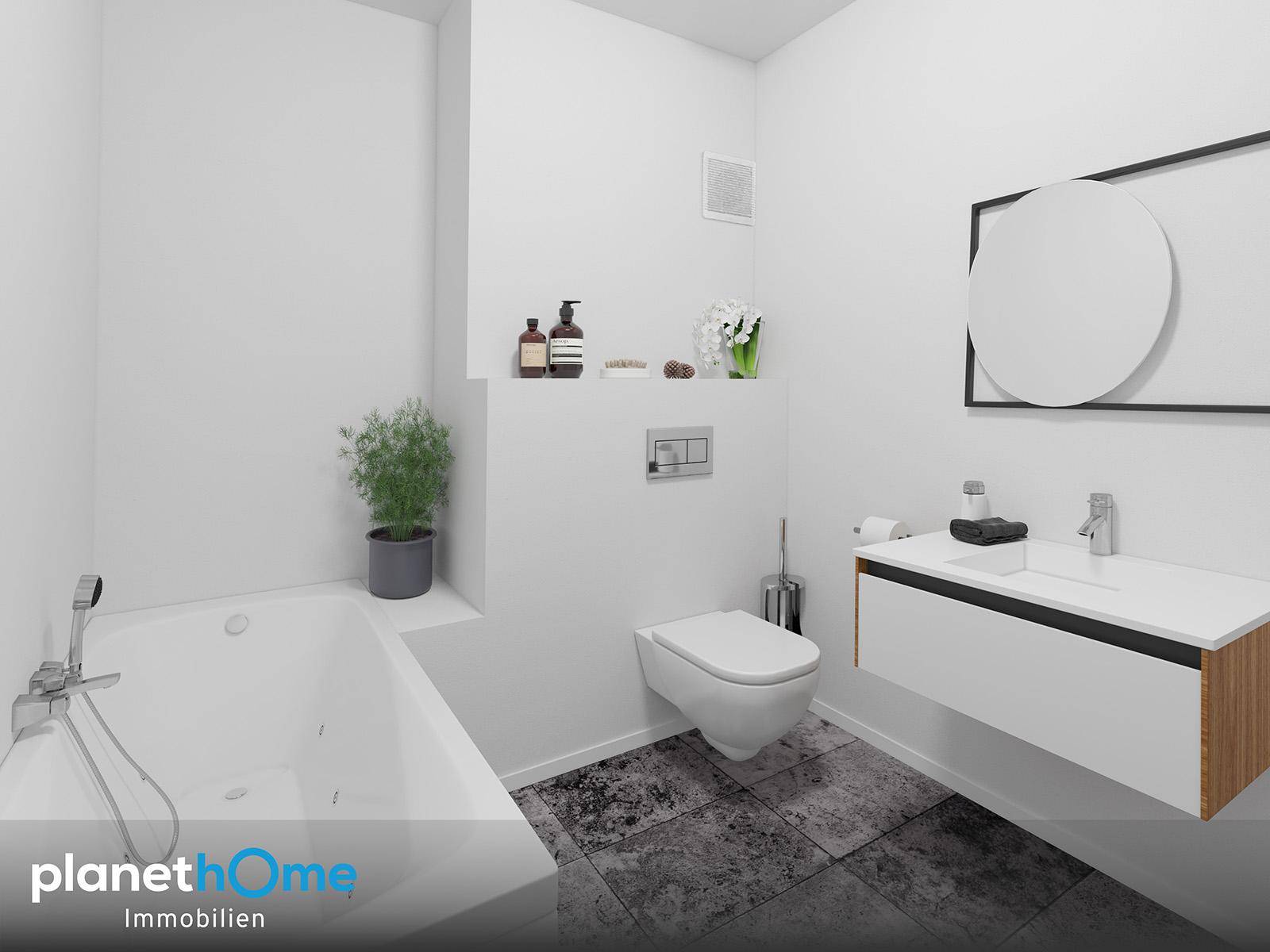 Modernes Badezimmer mit Badewanne, wandhängendem WC und dunklen Bodenfliesen.