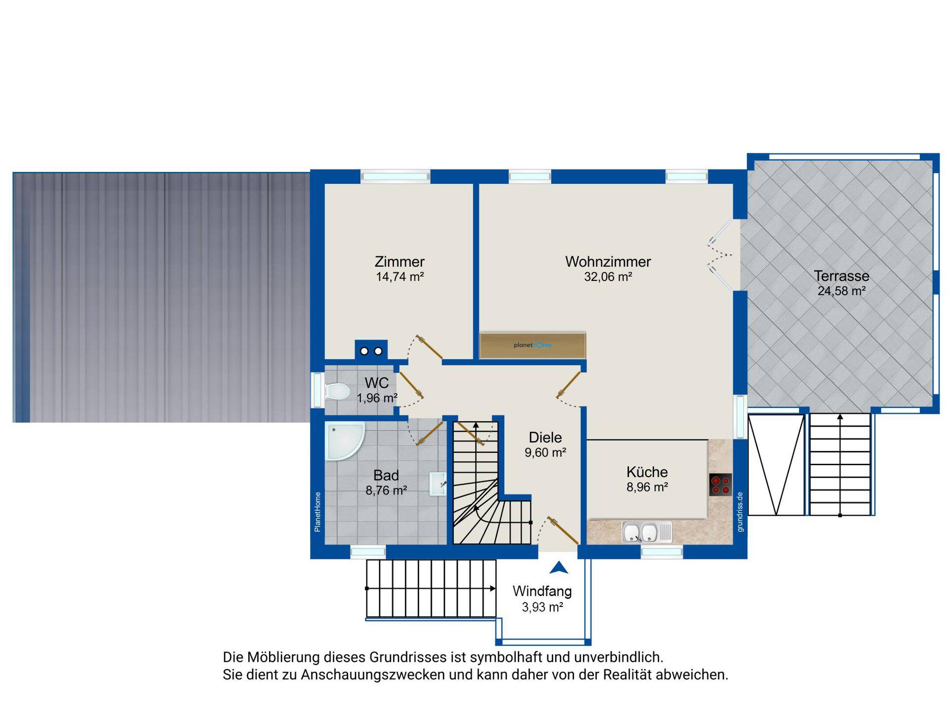 Grundriss des Erdgeschosses mit Wohnzimmer, Küche, Bad, WC und großer Terrasse.