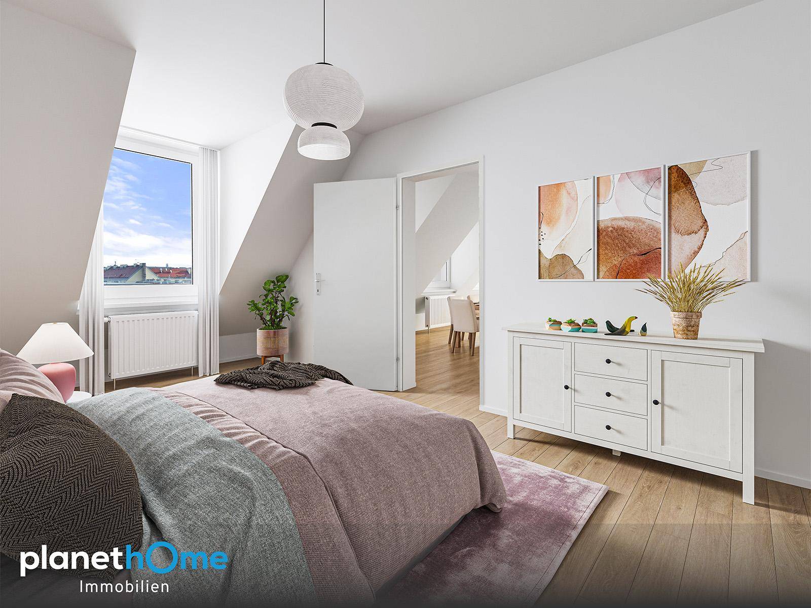 Stilvolles Schlafzimmer mit Holzboden, Dachschräge und Fenster, modern eingerichtet.