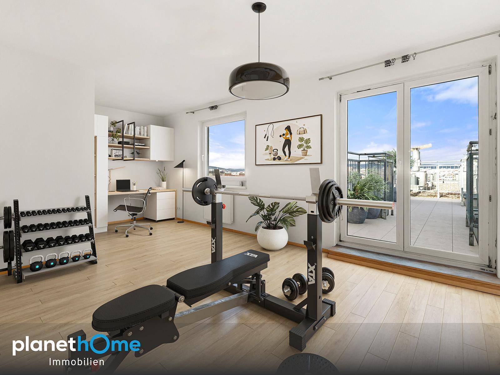 Moderner Fitnessraum mit Holzboden, Fenster und Terrassenzugang, auch als Büro nutzbar.