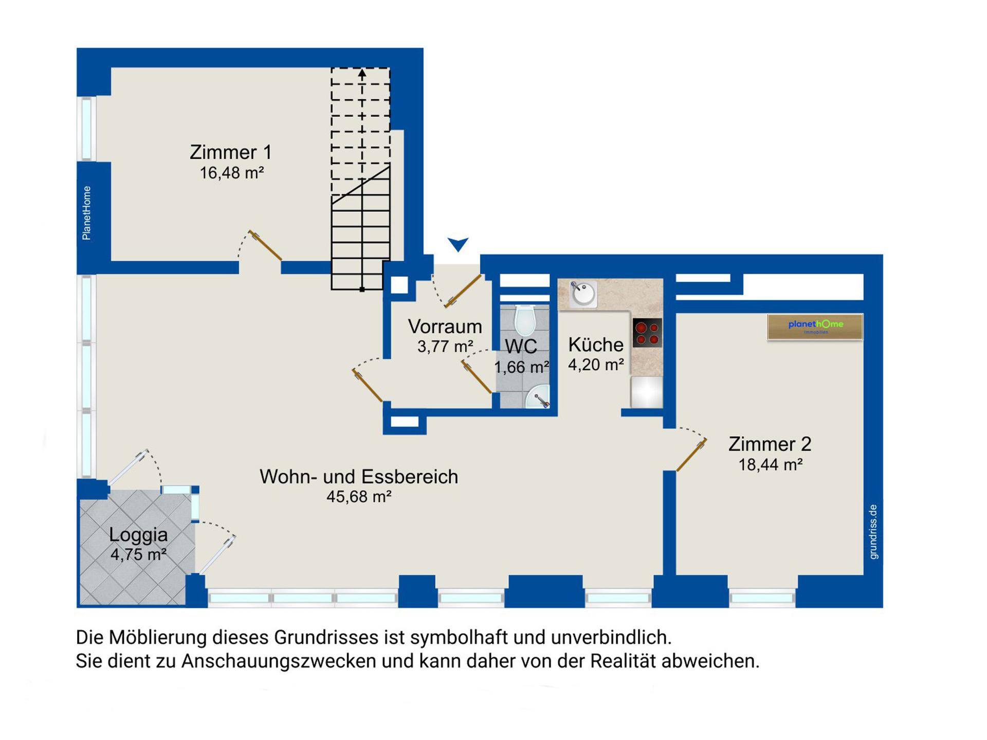 Grundriss des unteren Geschosses mit Wohn- und Essbereich, Küche, WC und Loggia.