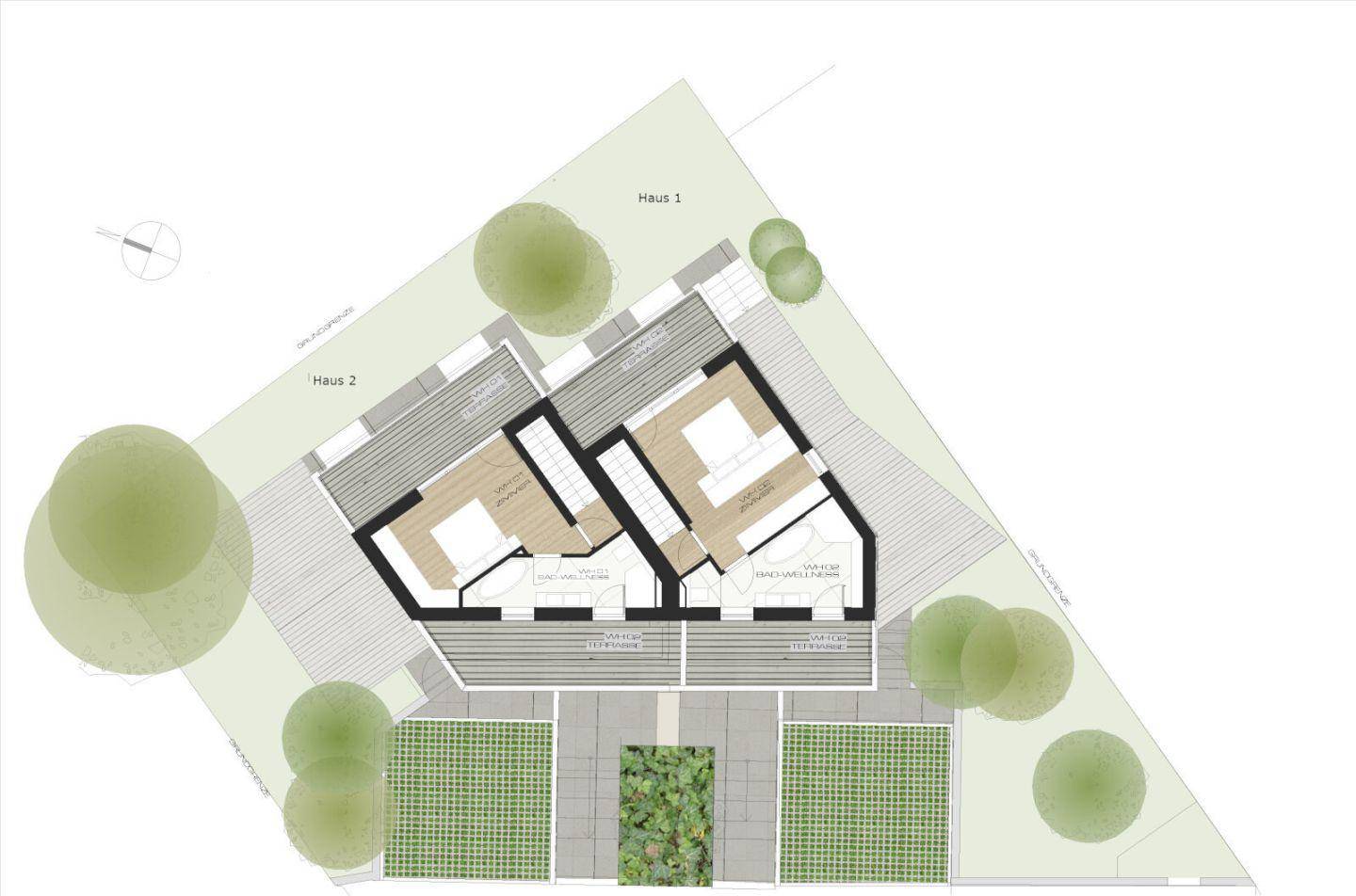 Grundriss des Dachgeschosses von zwei Häusern mit Schlafzimmern und Bädern unter Schrägen.