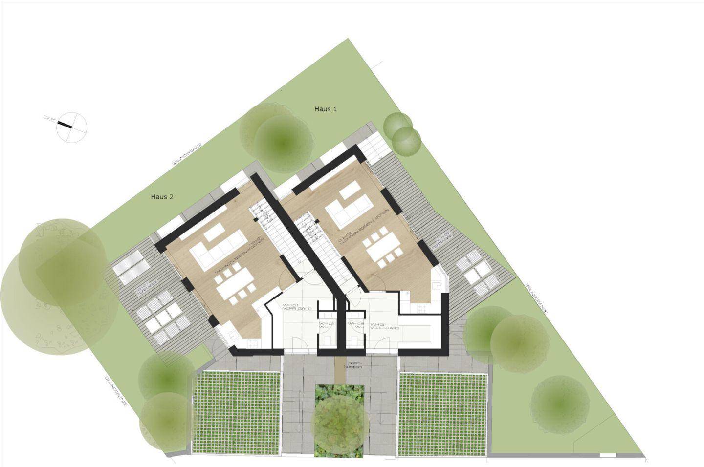 Grundriss des Erdgeschosses von zwei Häusern mit Terrassen und Gärten.