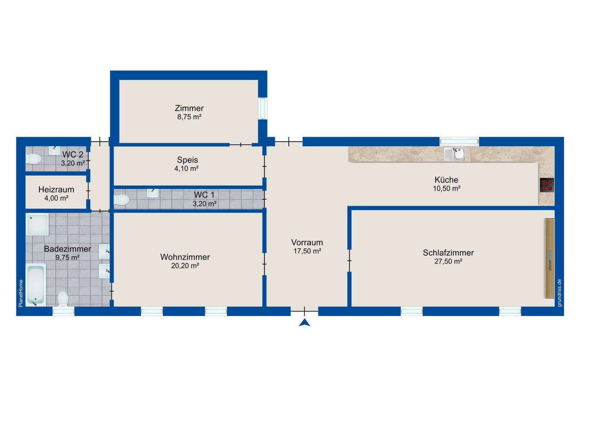 Grundriss mit Raumaufteilung, Flächenangaben und separaten Badezimmer- und WC-Bereichen.