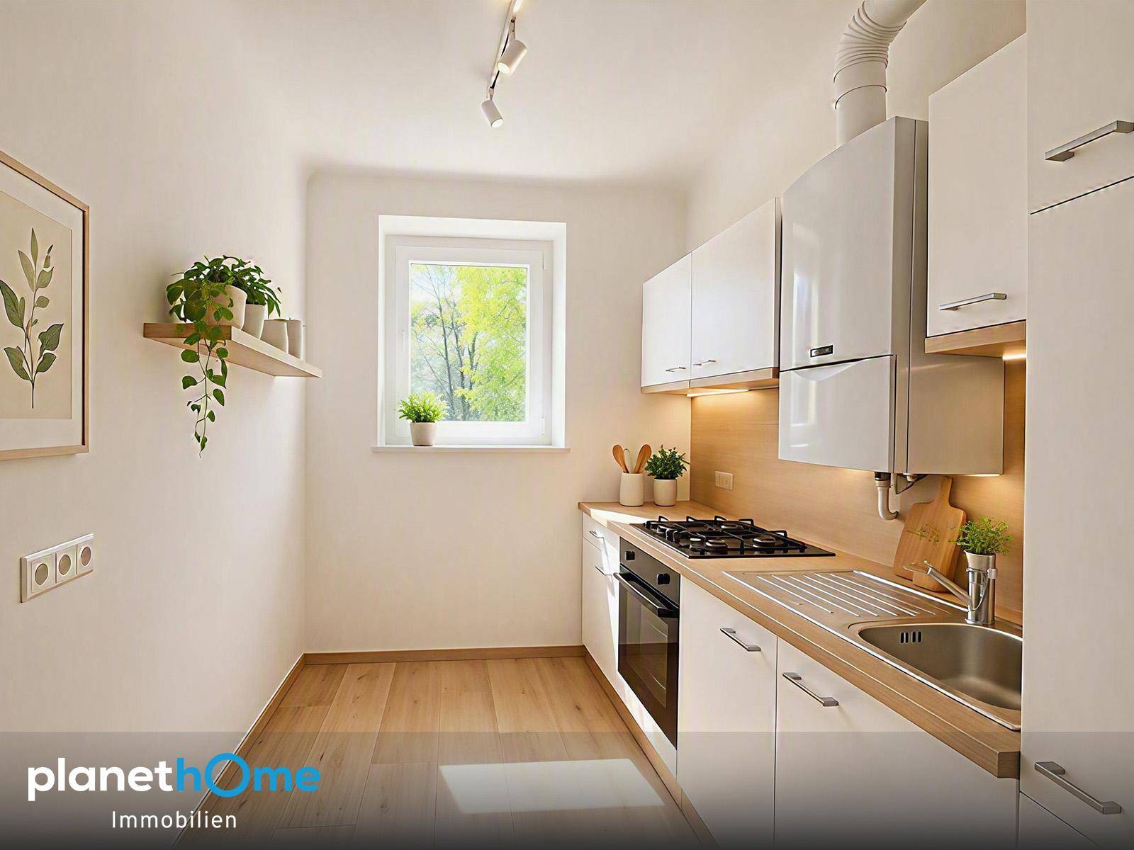 Moderne Küche mit weißen Schränken, Holz-Arbeitsplatte und Gasherd, hell und funktional.