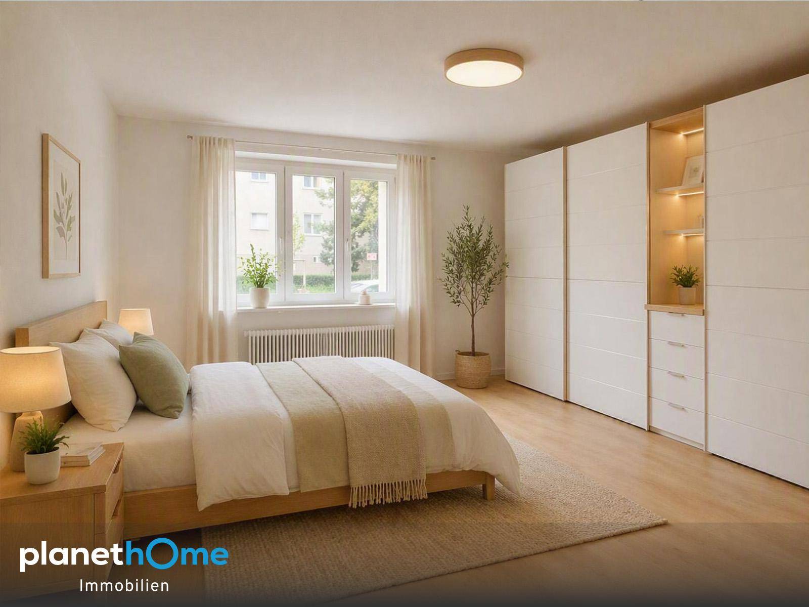 Gemütliches Schlafzimmer mit Holzboden, Doppelbett und modernen weißen Einbauschränken.