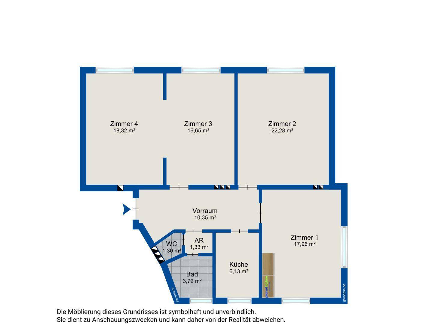 Grundriss mit vier Zimmern, Küche, Bad und WC, inklusive Flächenangaben in m².