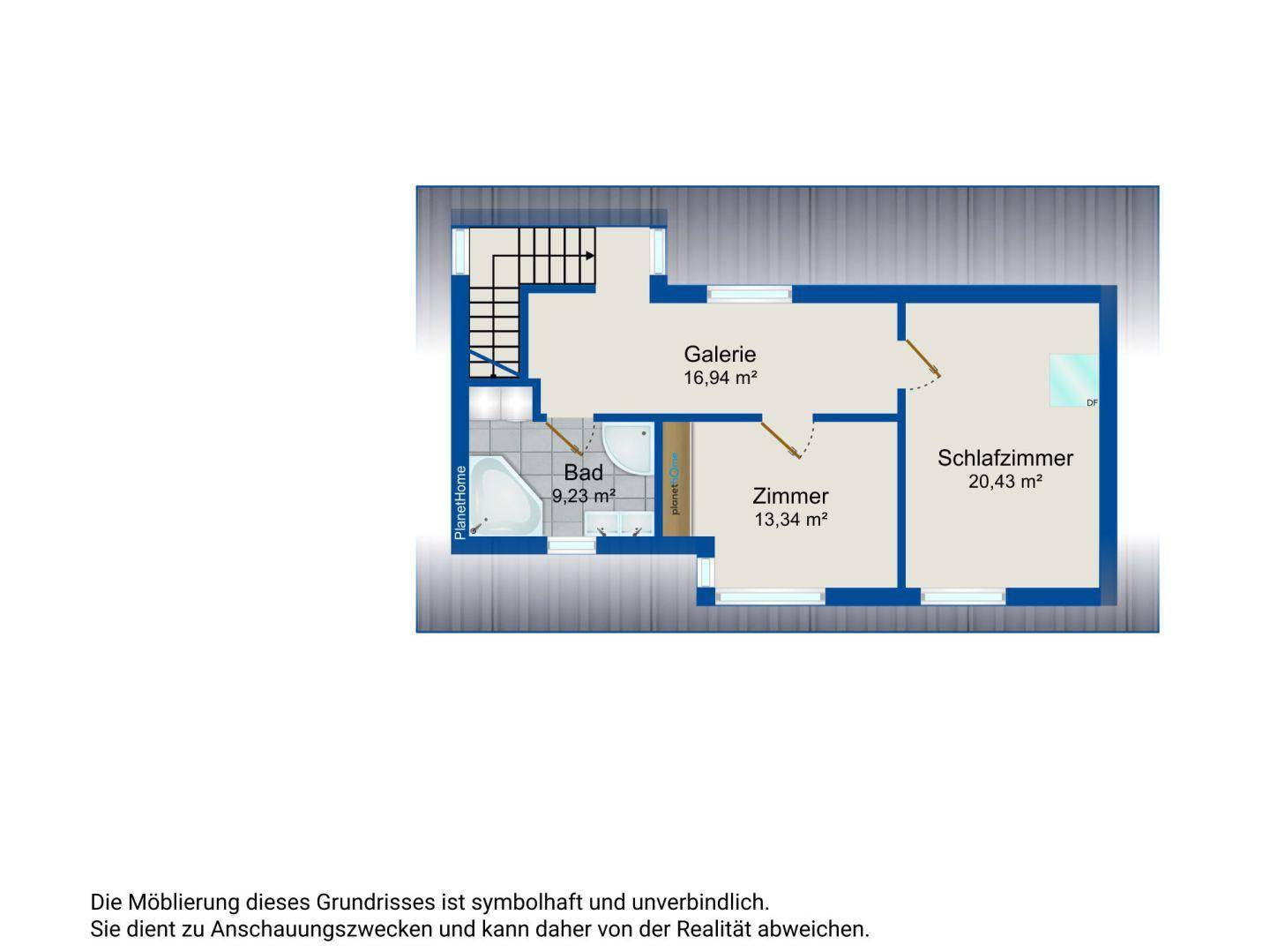 Grundriss des Obergeschosses mit Galerie, Badezimmer, Schlafzimmer und weiterem Zimmer.