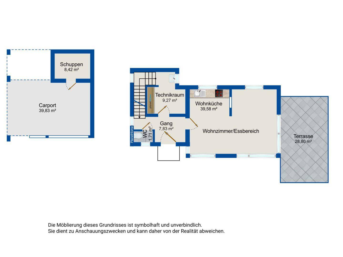 Grundriss des Erdgeschosses mit Carport, Wohnküche, Wohn-Essbereich und großer Terrasse.