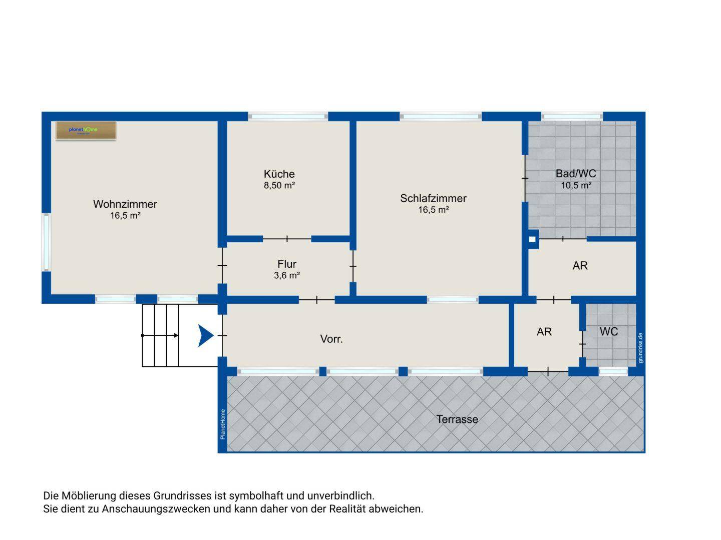 Grundriss einer Wohnung mit Wohnzimmer, Küche, Schlafzimmer, Bad und großer Terrasse.