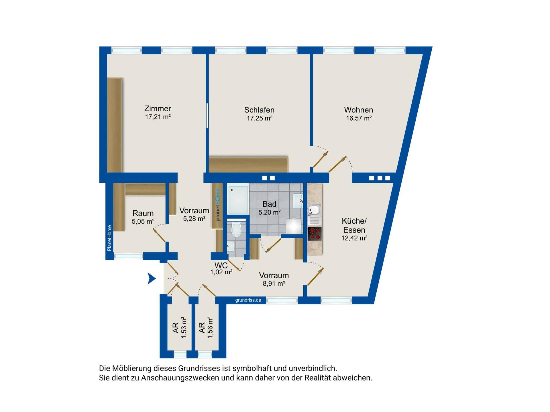 Detaillierter Grundriss der Wohnung mit Raumaufteilung und Flächenangaben in Quadratmetern.