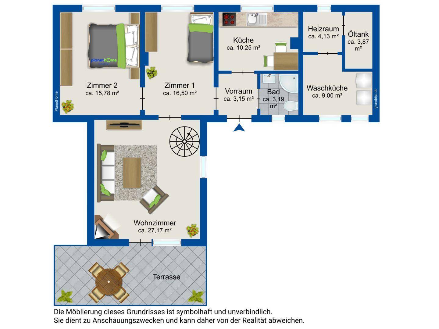 Grundriss des Erdgeschosses mit Wohnzimmer, zwei Schlafzimmern, Küche und Terrasse.