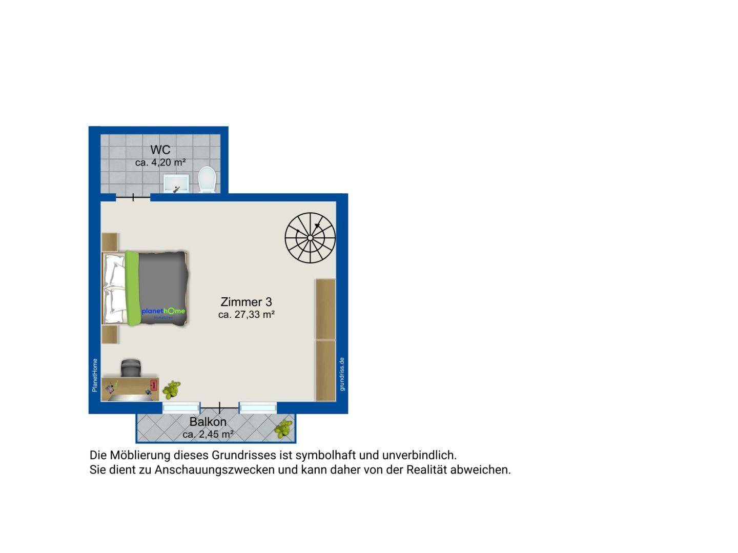 Grundriss des Obergeschosses mit einem Schlafzimmer, WC und Balkon.
