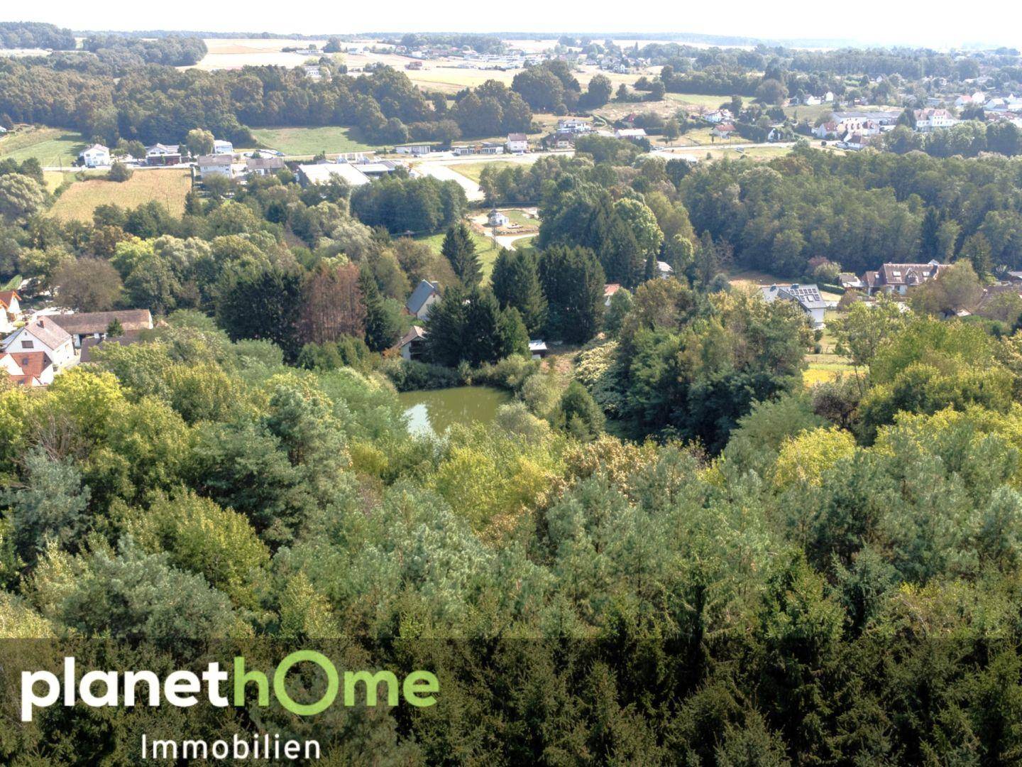 Weitläufige Luftaufnahme der grünen Landschaft mit dem Anwesen, Teich und der umliegenden Ortschaft.