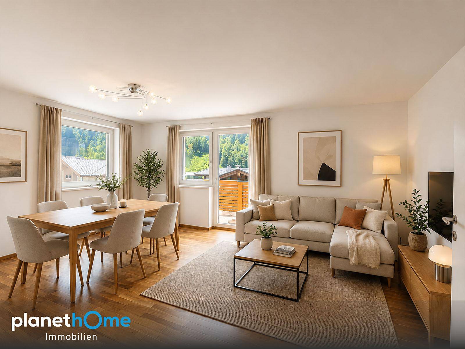 Geräumiger Wohn-Essbereich mit modernem Sofa, Esstisch und Zugang zum Balkon mit Bergblick.