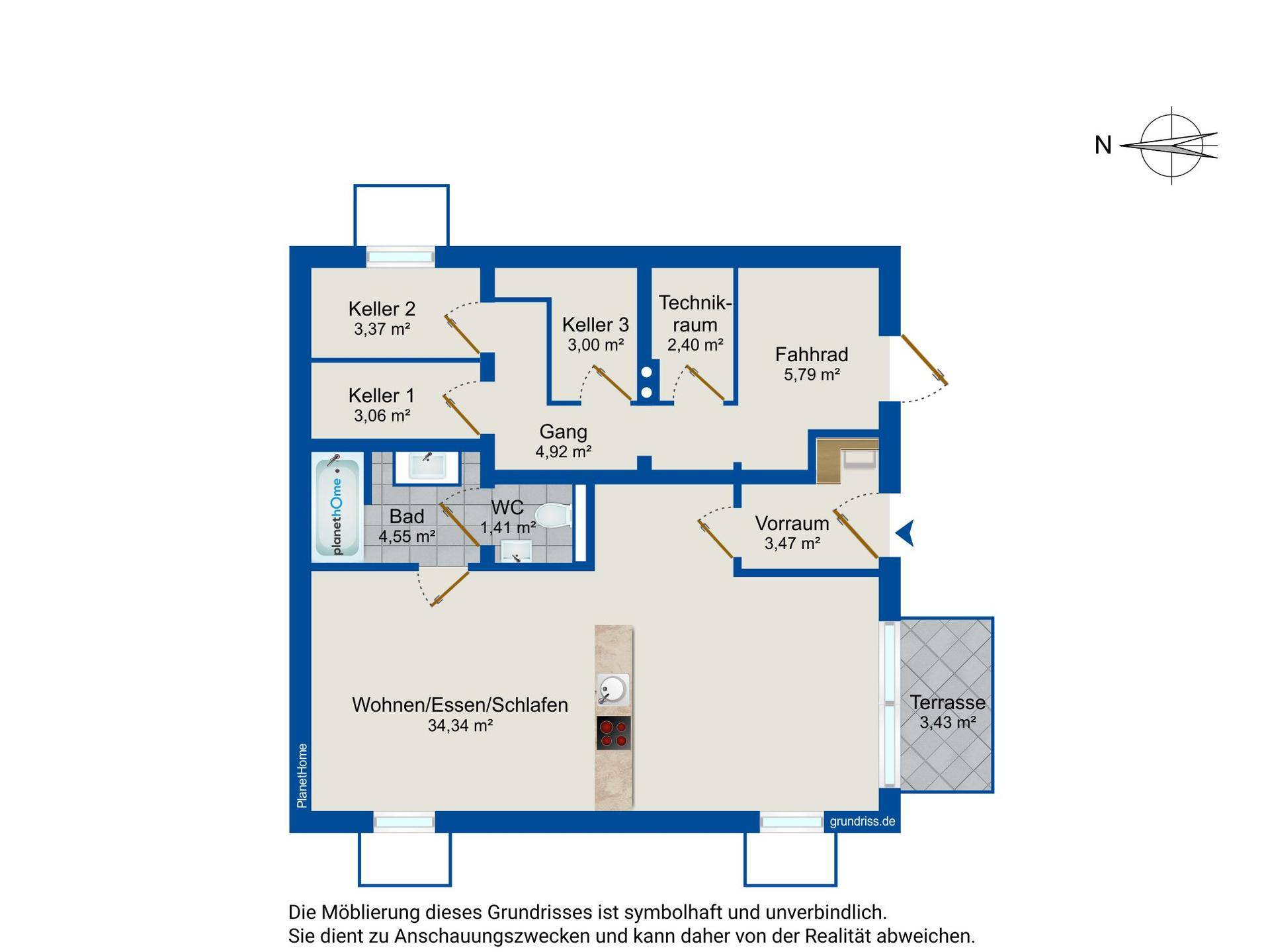 Grundriss des Untergeschosses mit Kellerabteilen, Bad, WC und Wohn-/Schlafbereich.