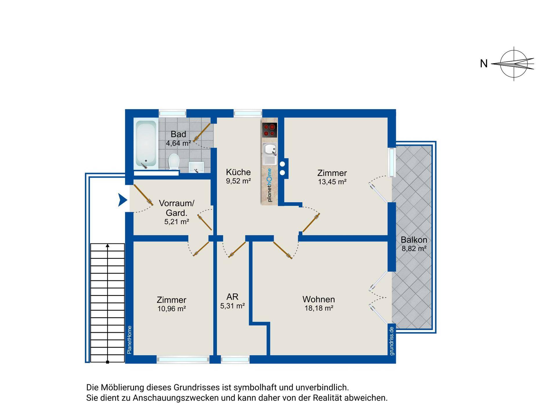 Grundriss des Obergeschosses mit Küche, Wohnzimmer, Bad, Zimmern und Balkon.