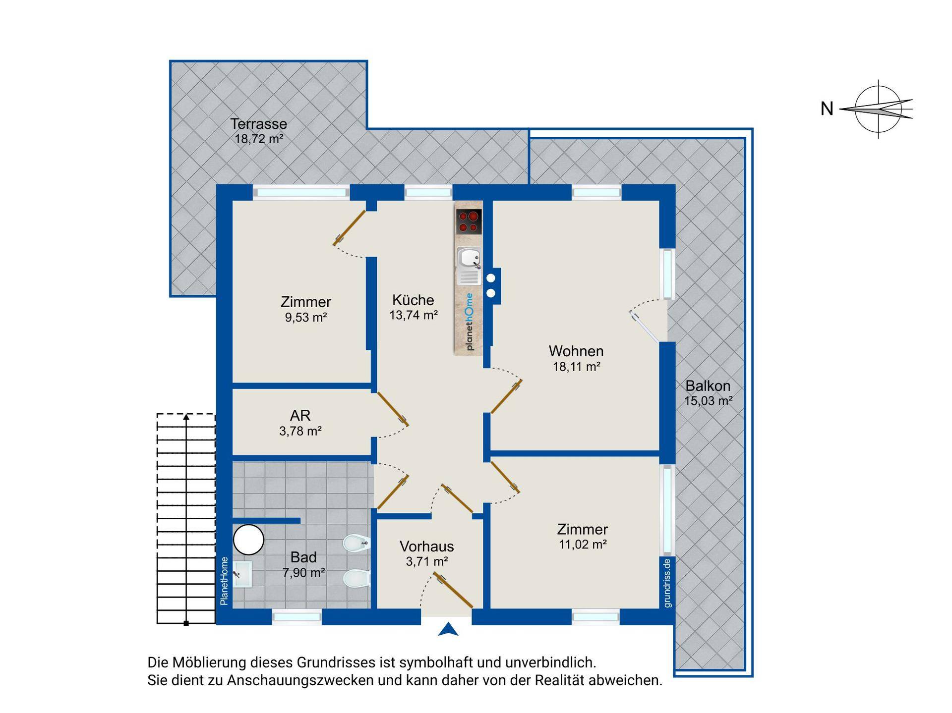 Grundriss des Erdgeschosses mit Küche, Wohnzimmer, Bad, Zimmern, Balkon und Terrasse.