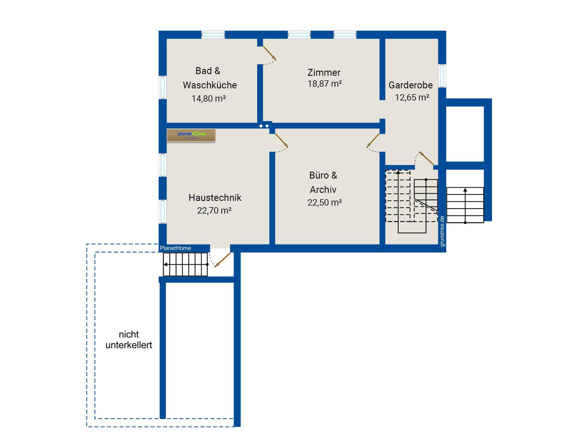 Grundriss des Untergeschosses mit Bad, Waschküche, Zimmer, Garderobe, Büro und Haustechnikraum.