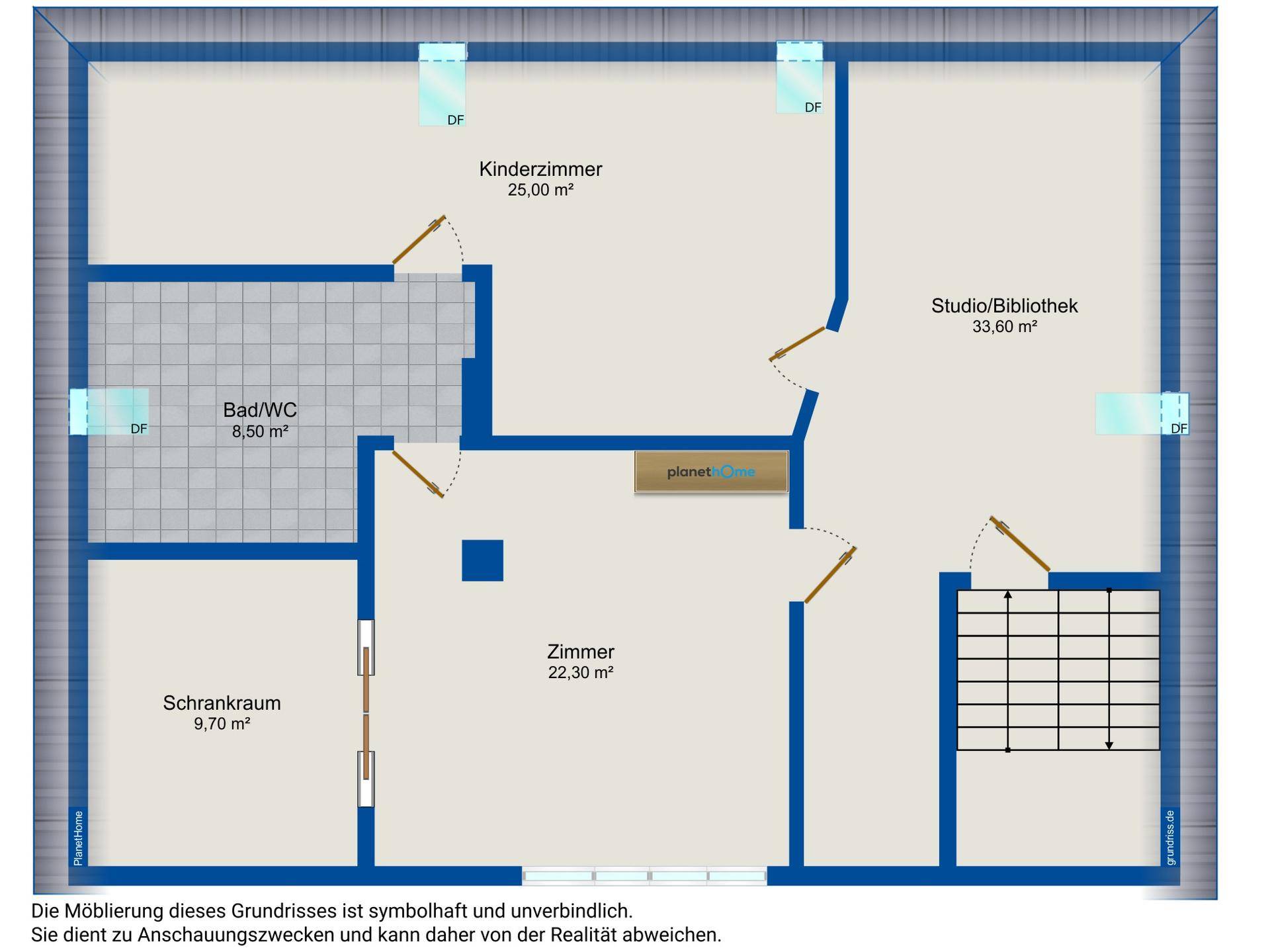 Grundriss des Obergeschosses mit Kinderzimmer, Studio, weiterem Zimmer, Schrankraum und Bad/WC.