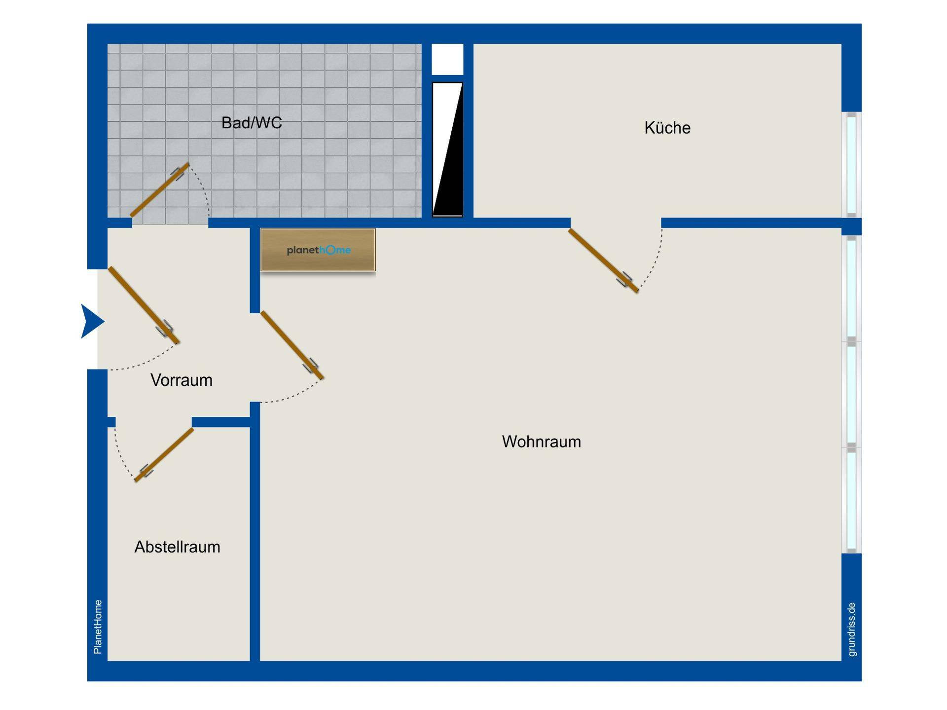 Grundriss einer Wohnung mit Wohnraum, Küche, Bad/WC, Vorraum und Abstellraum.