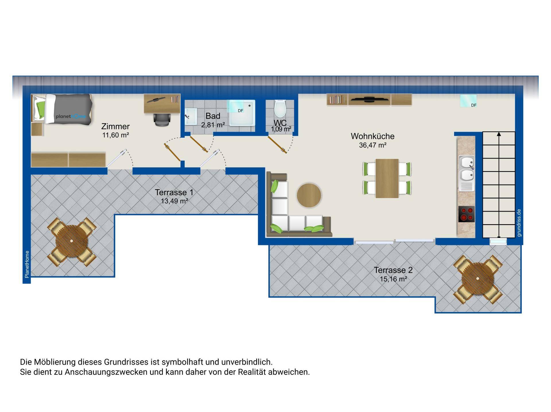 Grundriss einer Wohnung mit Wohnküche, Schlafzimmer, Bad, WC und zwei Terrassen.
