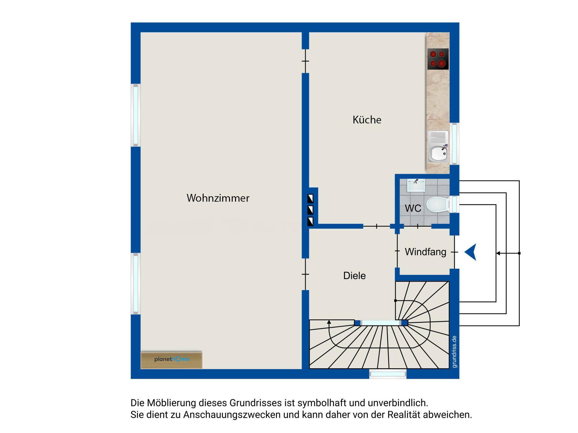 Grundriss des Erdgeschosses mit Wohnzimmer, Küche, WC und Windfang.