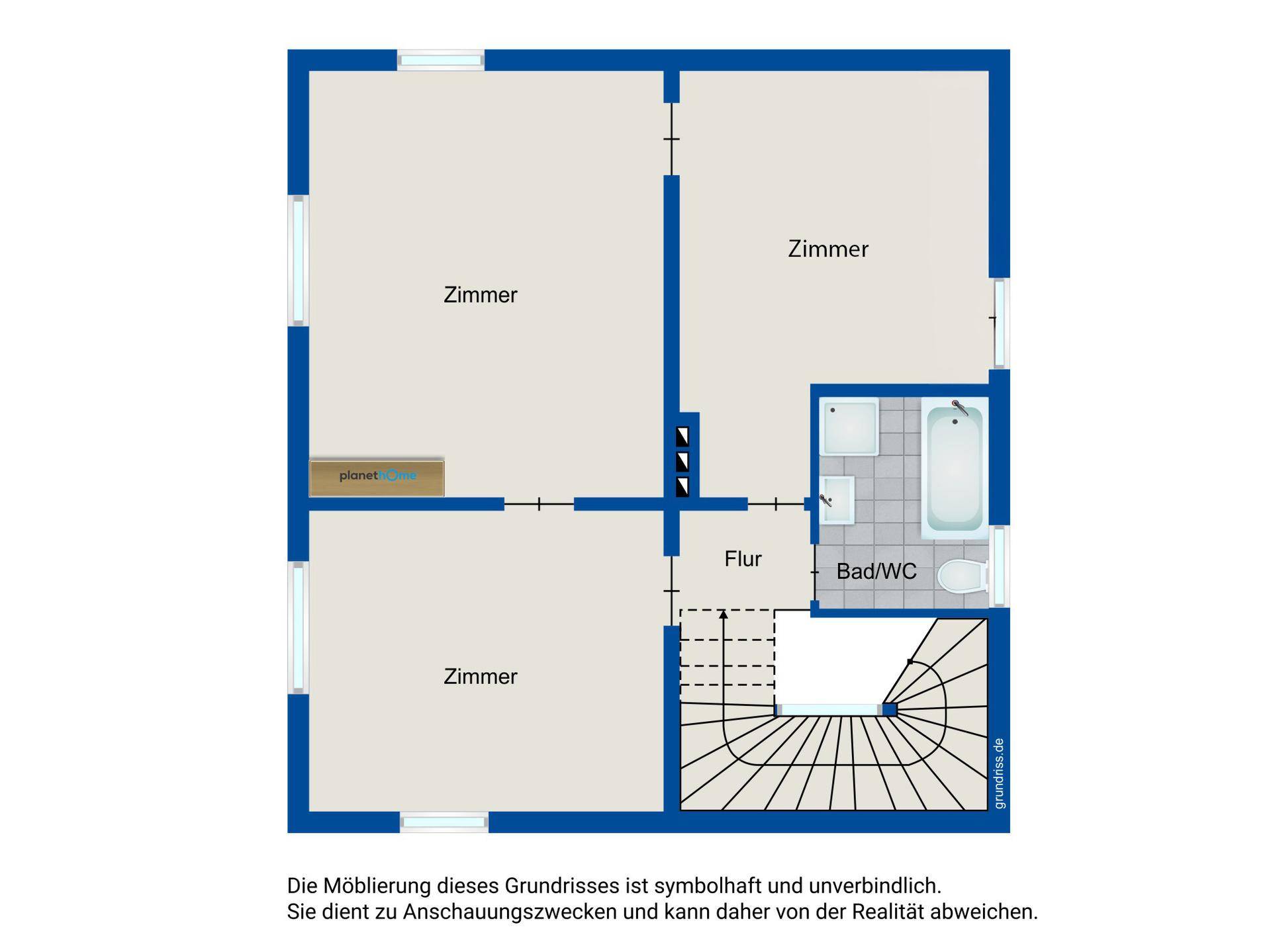 Grundriss des Obergeschosses mit drei Zimmern, Bad und WC.