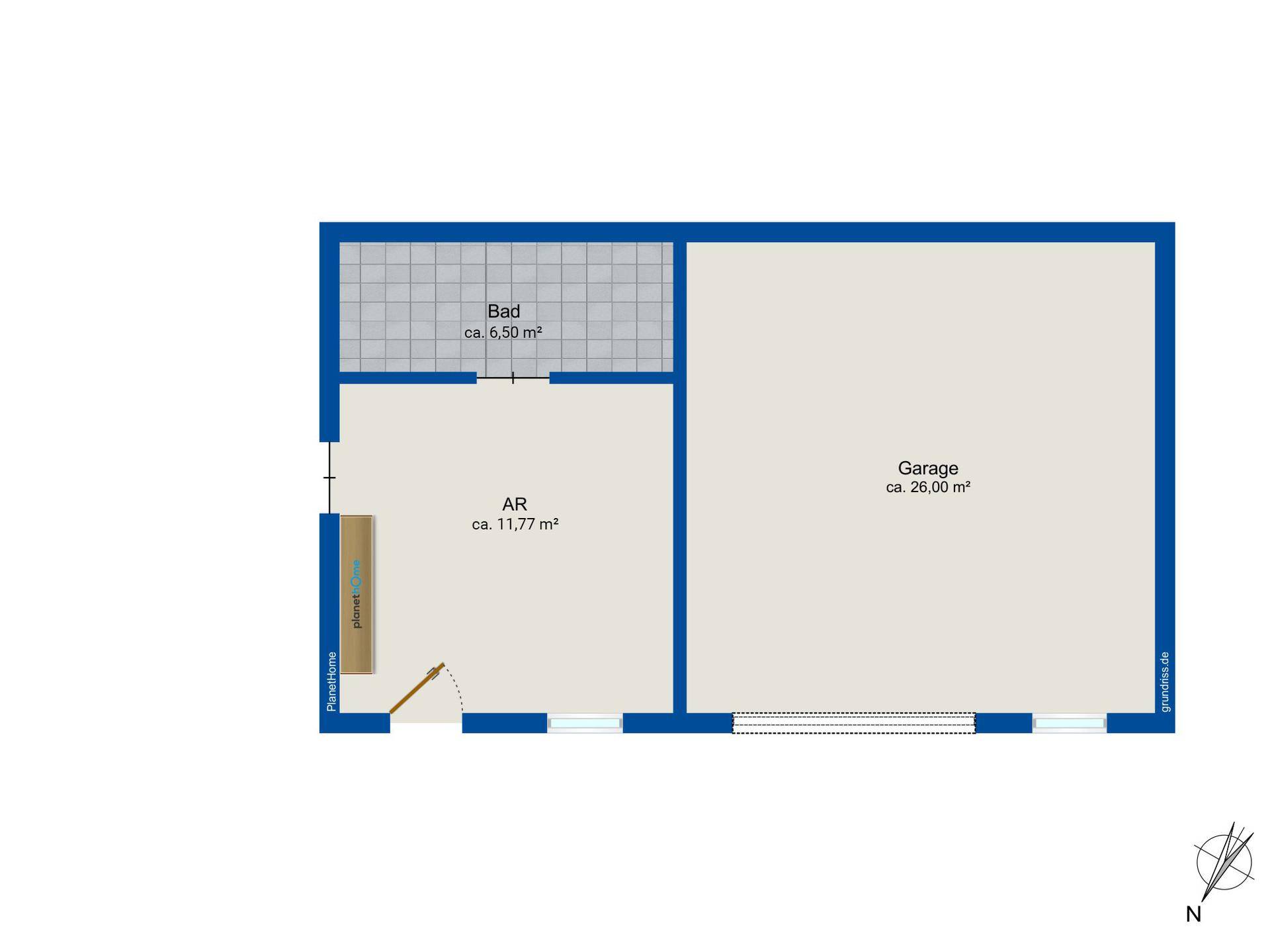 Grundriss des Untergeschosses mit Bad, Abstellraum und Garage.