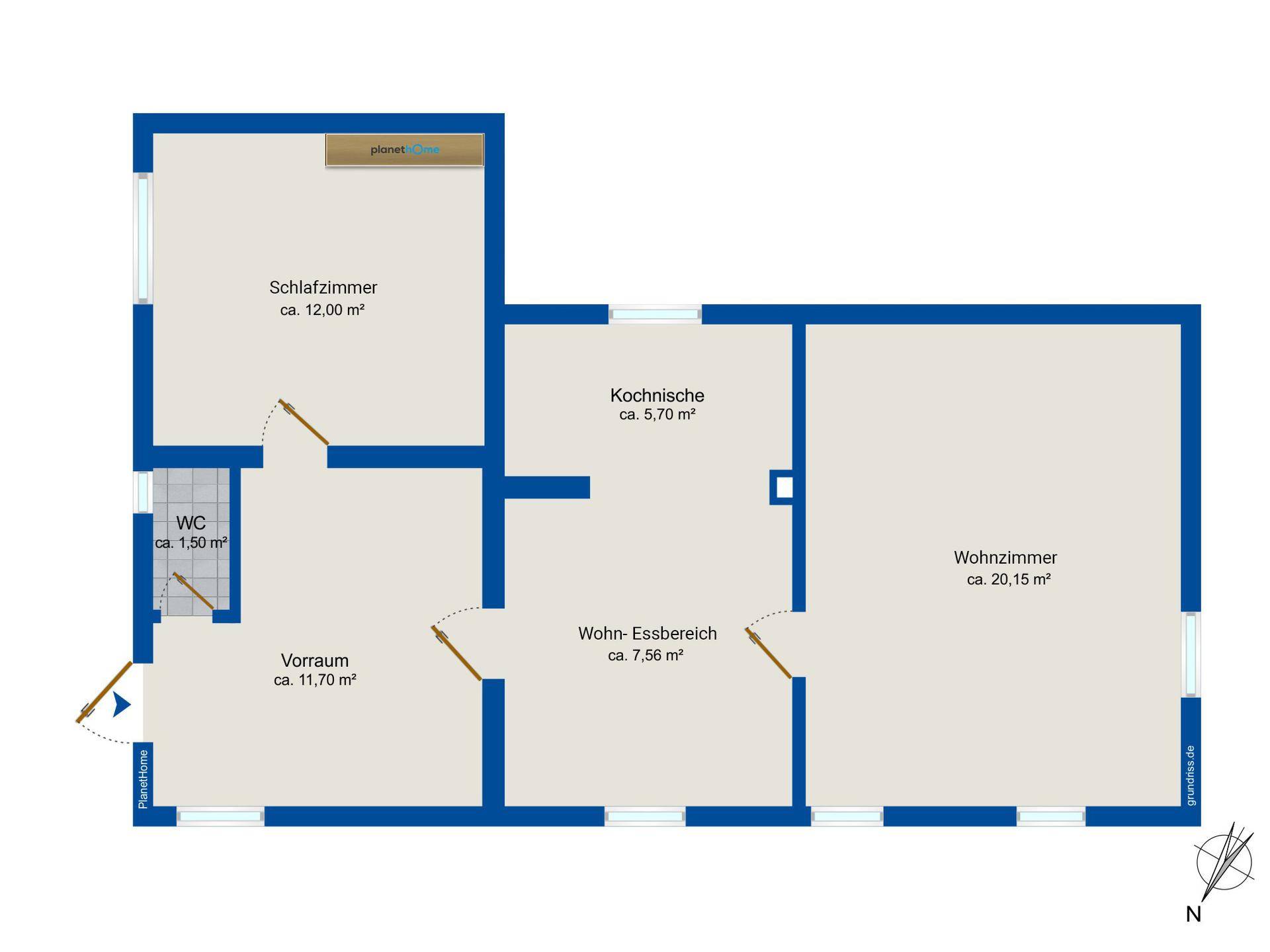 Grundriss des Erdgeschosses mit Schlafzimmer, Wohn-Essbereich und Kochbereich.