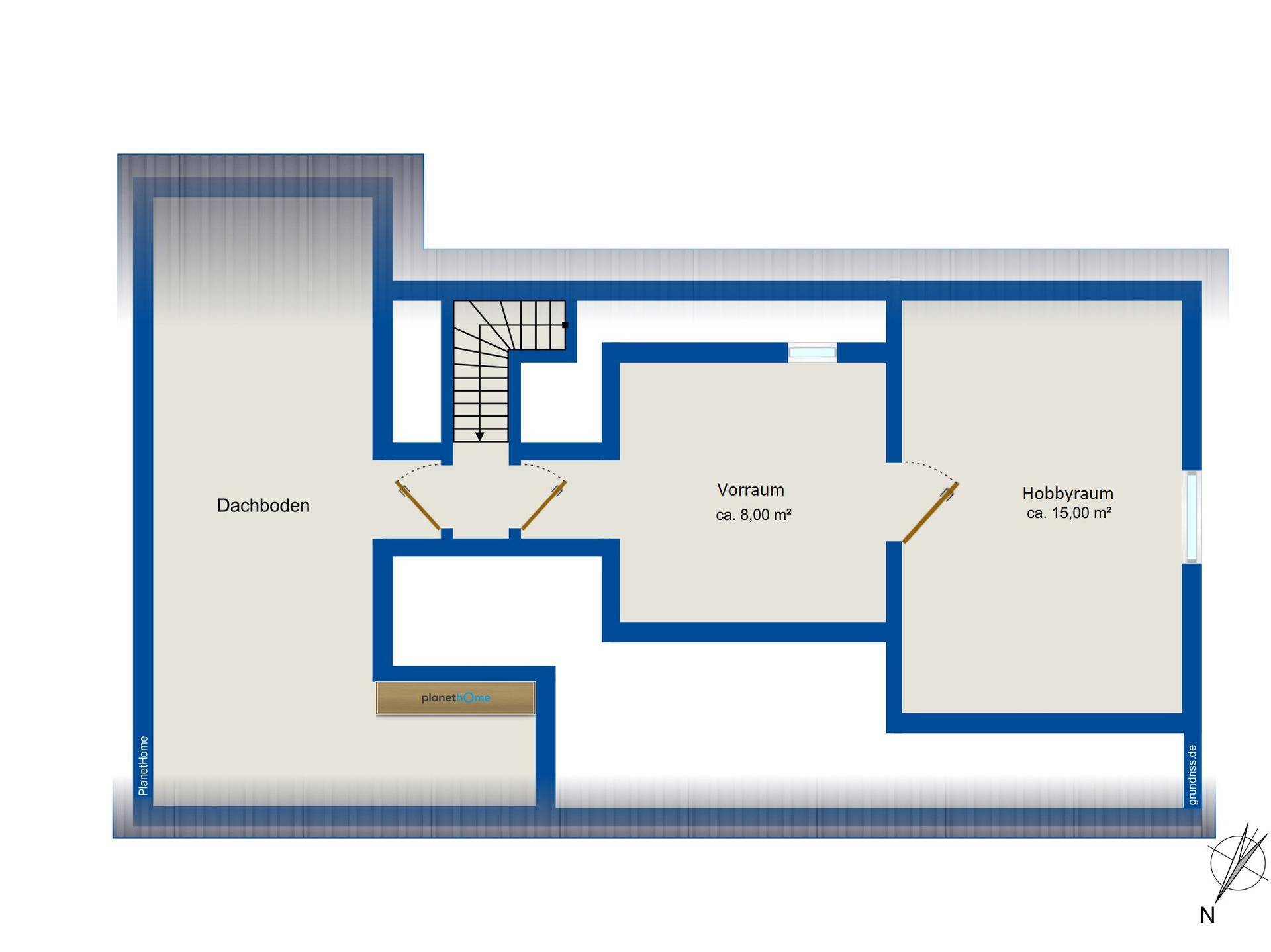 Grundriss des Dachgeschosses mit Dachboden, Vorraum und Hobbyraum.