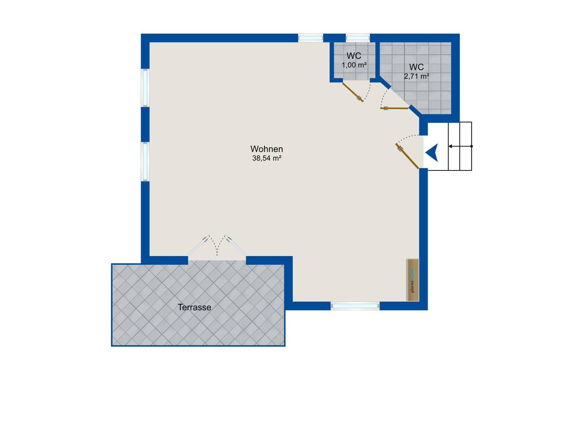 Grundriss zeigt einen Wohnbereich von 38,54 m² mit zwei WCs und einer Terrasse.