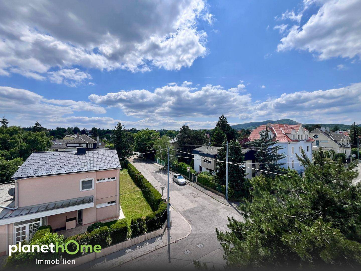 Weitblick über die Nachbarschaft mit grünen Bäumen und Bergen am Horizont unter blauem Himmel.